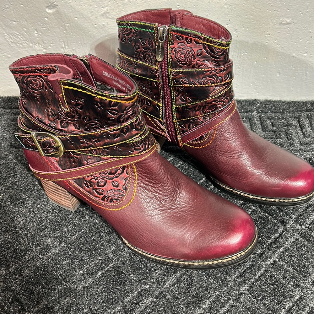 Women's Burgundy Embossed Leather Ankle Booties